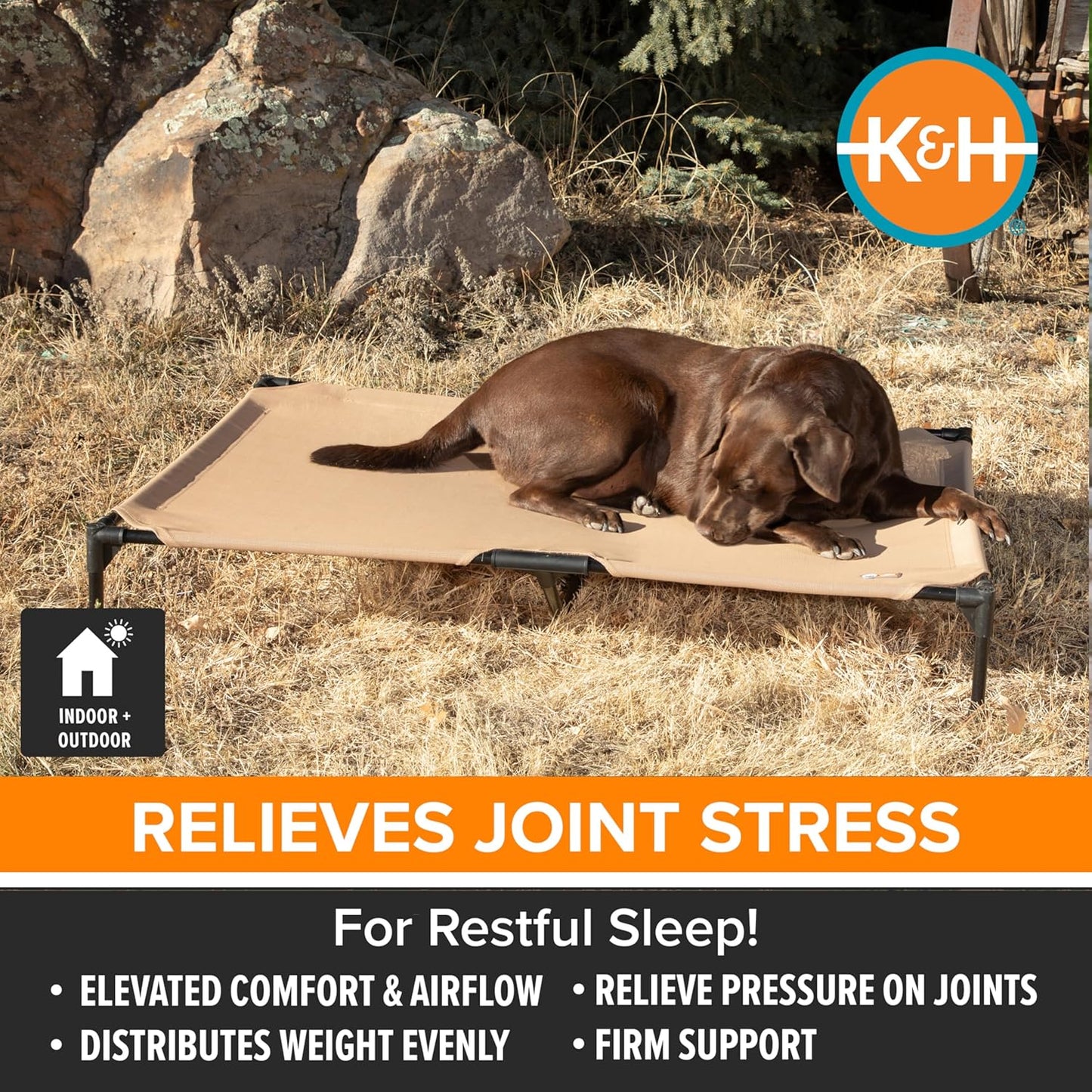 K&H Pet Products Outdoor Elevated Dog Cot, Cooling Raised Bed with Waterproof Breathable Mesh for Large Dogs, Portable Pet Bed with Heavy-Duty Metal Frame, Oversized Hammock Style - Extra-Large Tan