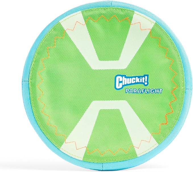 Chuckit! Max Glow Paraflight Flying Disc Dog Toy - Water Floating Flyer - Durable Nylon Construction with Soft Rubber Edges - For Medium and Large Dogs - Size Large - 9.75" L x 9.75" W - Pack of 1