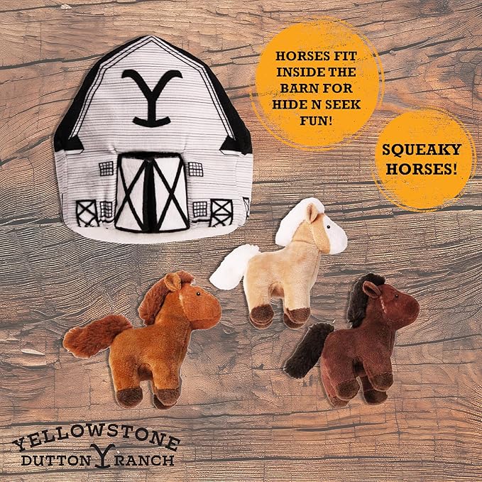 design LAB, Inc. Official Yellowstone Merchandise | Indoor Dog Toy Bundle Variety Gift Set | Yellowstone Nesting Barn with Horses | Squeaky Stuffed Animal Horse Set