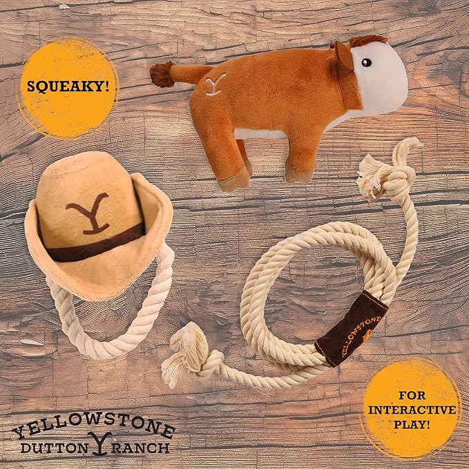 design LAB, Inc. Official Yellowstone Merchandise | Indoor Dog Toy Bundle Variety Gift Set | Lasso Rope, Plush Squeaky Brown Cow, and Cowboy Toy Hat with Tug Rope